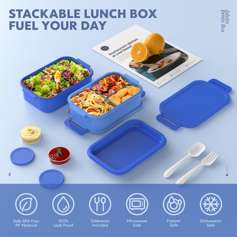 Jelife Adult Bento Lunch Box - 3 Layers Stackable Bento Lunch Box for Adults  72oz Large All-in-One Bento Box Leak-Proof Lunch boxes with Utensil Sauce Containers  Ideal for Dining Out Work  Blue - Image 3